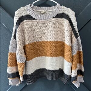 Striped Knit Sweater - Cream, Gray, and Mustard